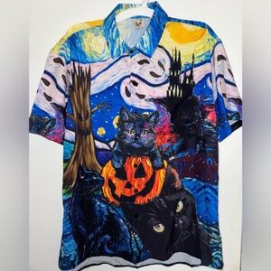 Hardaddy Halloween shirt Men's M Black Cat Jack-o-Lantern Short Sleeve Pocket